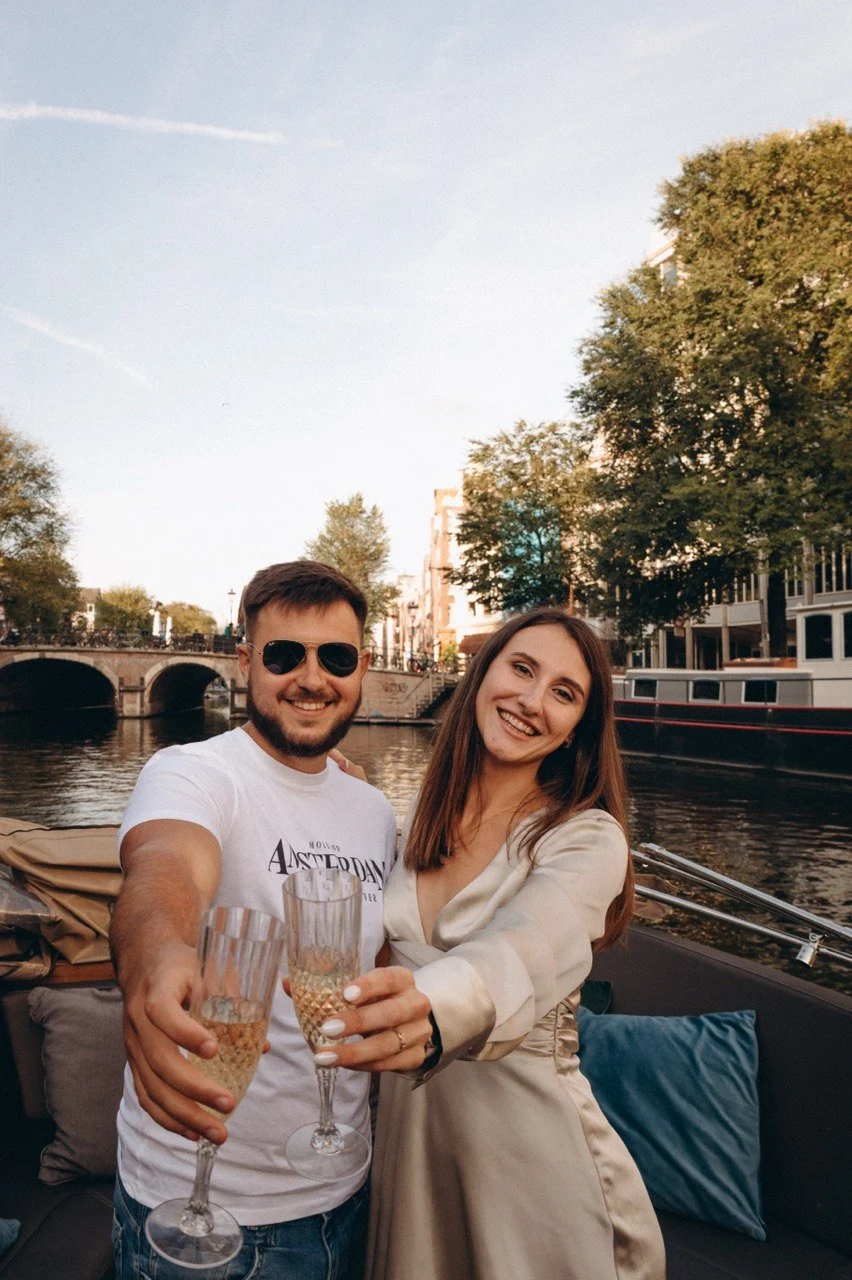 Cozy boat swim across the river