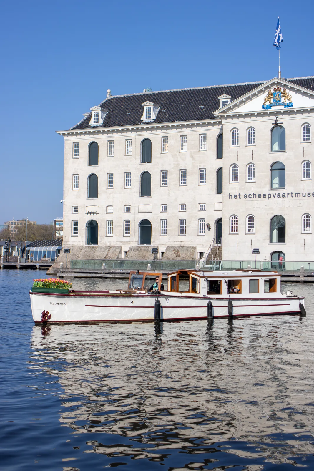 Cozy boat swim across the river