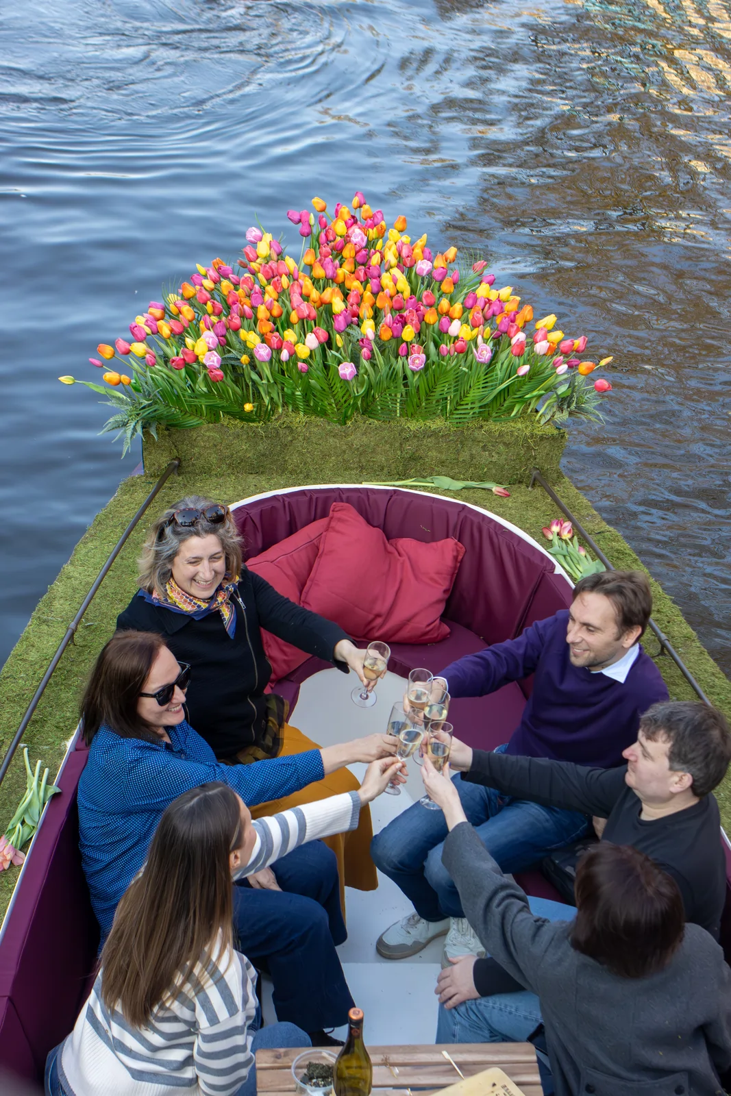 Cozy boat swim across the river